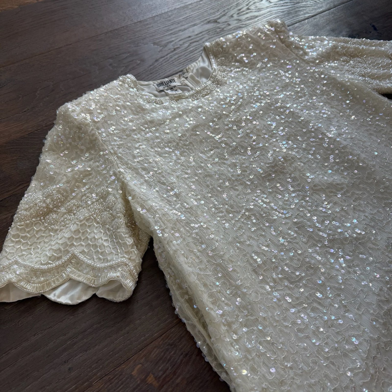Brilliante 100% Silk Beaded Sequined Dress Scalloped Hem, 80s Vintage Glamour, B
