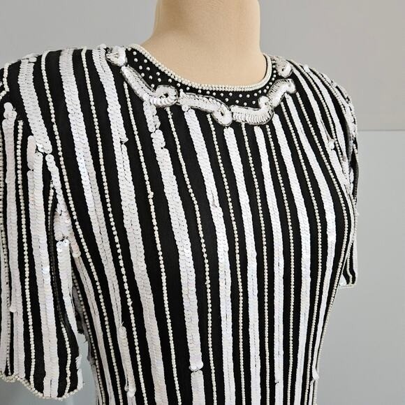Stenay Vintage 100% Silk Beaded Sequin Top Black White Stripe Floral Scalloped L