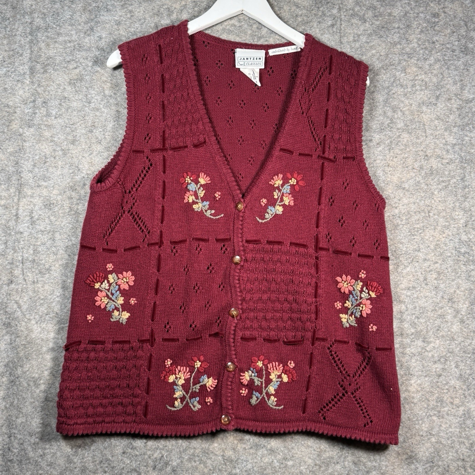 Vintage 90s Womens Jantzen Embroidered Knit Floral Cardigan Sweater Vest Size M