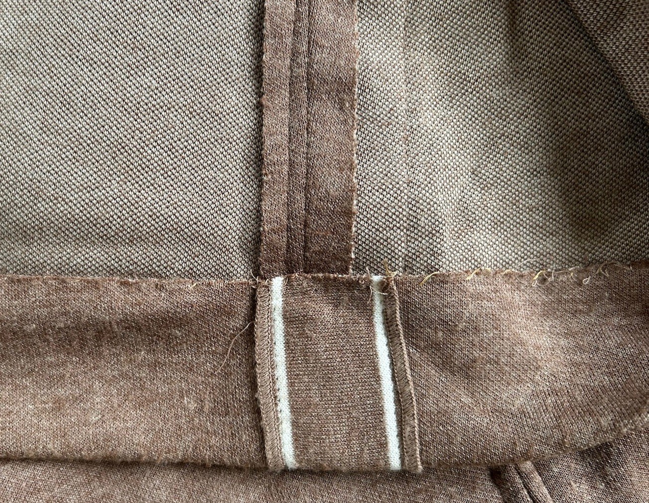 c1970s LESLIE FAY PALE BROWN DRESS WHITE TRIM SZ 14? ILGWU USA-MADE LABEL VG CND