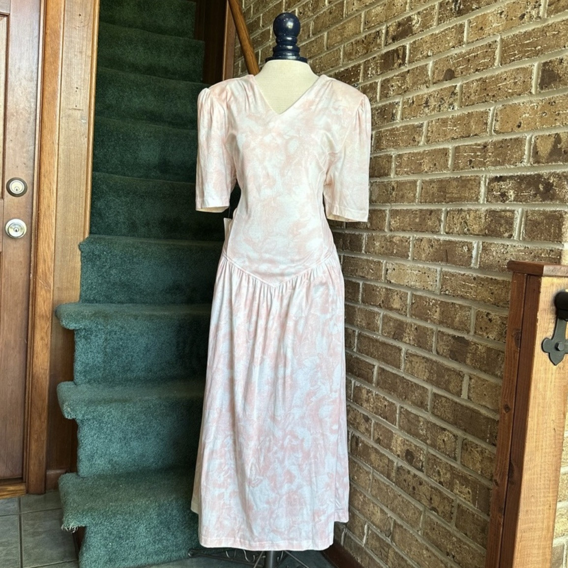 VTG 80s Retro Marble Pink Tiedye Basque Waist Dress