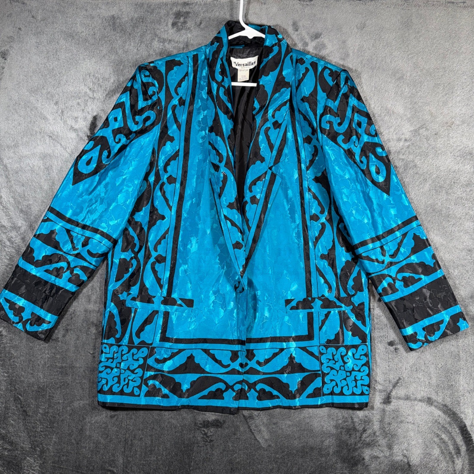 Versailles Vintage Blazer Turquoise Black Geometric Jacquard Shawl Collar M 2935