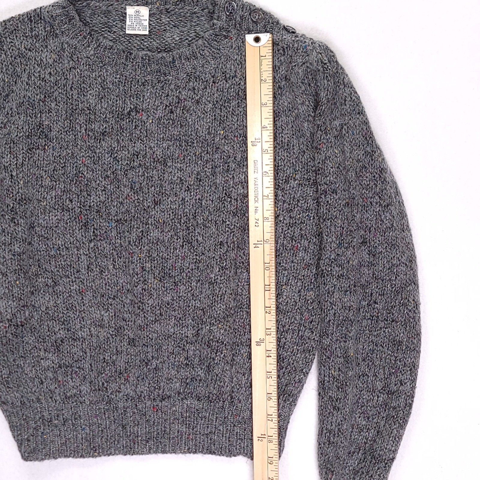 Vintage Gray Speckled Wool Blend Knit Sweater Shoulder Button Puff Sleeve Medium
