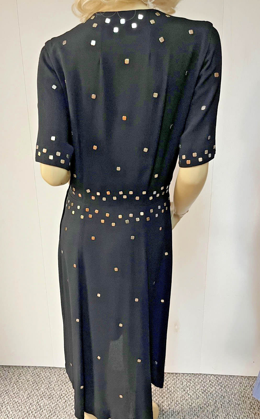 Stunning Prong Set Studded Vintage 1940s Black Rayon Mid Calf Dress Bust 38-39