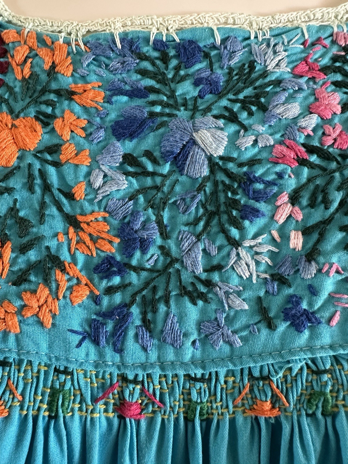 1970s San Antonino Oaxacan Huipil Dress Cotton Hand Embroidered Mexico S VTG