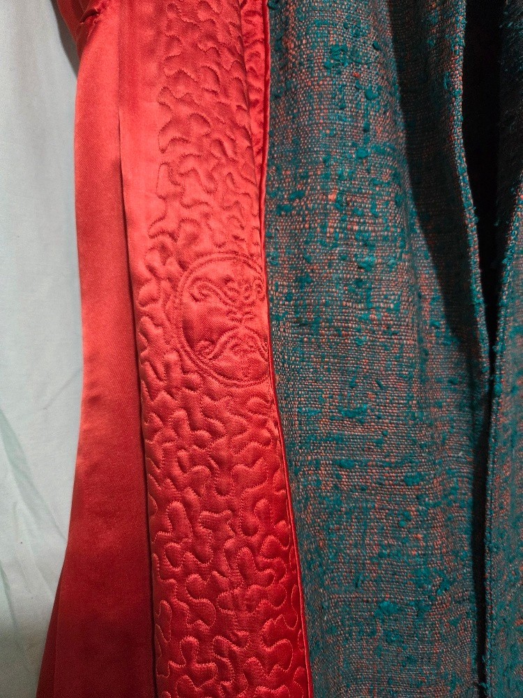Raw Silk Coat Vtg 60s Teal Copper Quilted Panel Lining Hong Kong Herald Tang