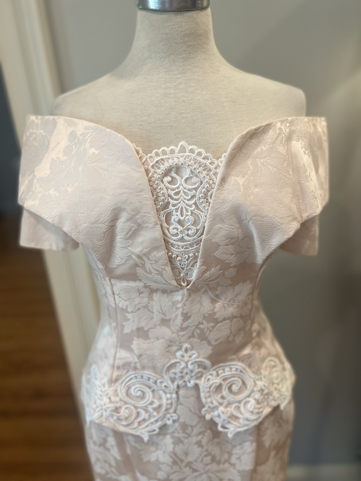 Vintage Scott McClintock Formal Cocktail Midi Dress Sz 10 Pink Lace Pearls