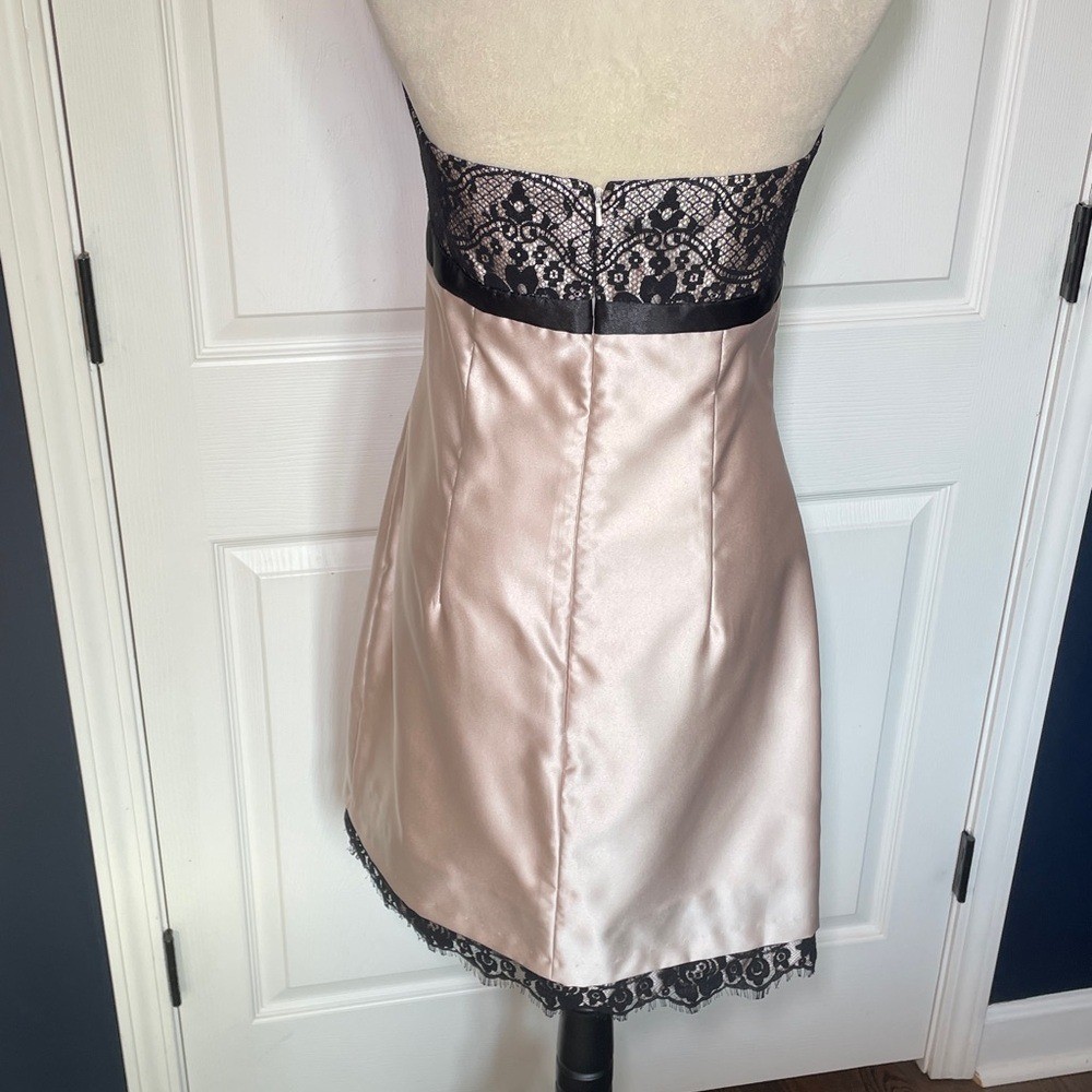 Vintage Scott McClintock Blush Satin Black Lace Strapless Midi Dress Size 12 Y2K