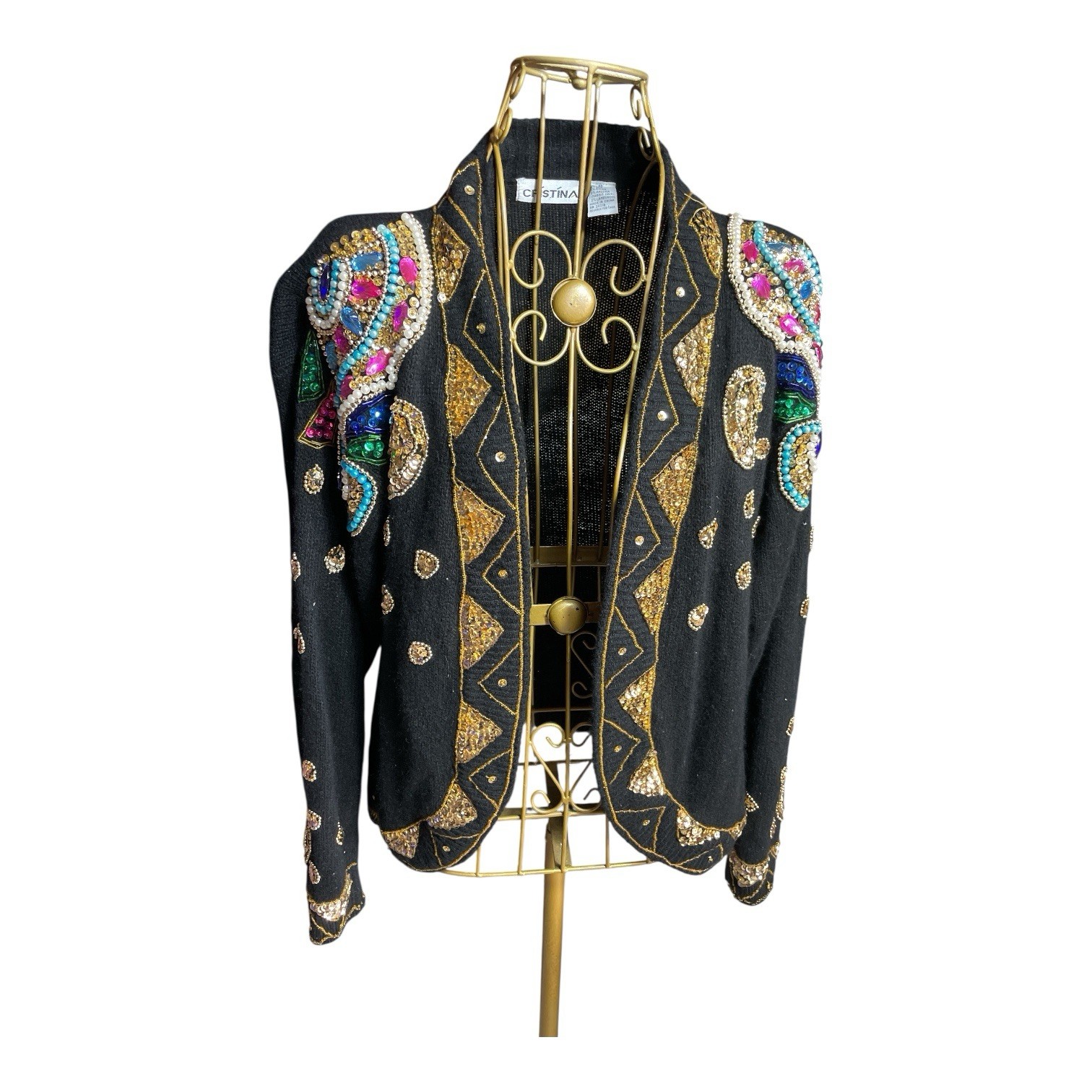 Cristina Vintage Sweater Sequins Beaded Silk Nylon Angora Mardi Gras