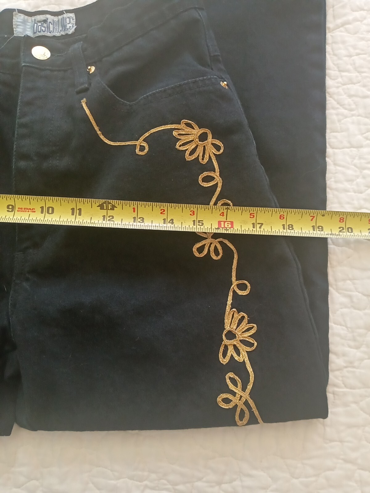 Sz 7 Vintage IOU Basic Blues Womens Black Denim High Waist Mom Jeans Gold Trim