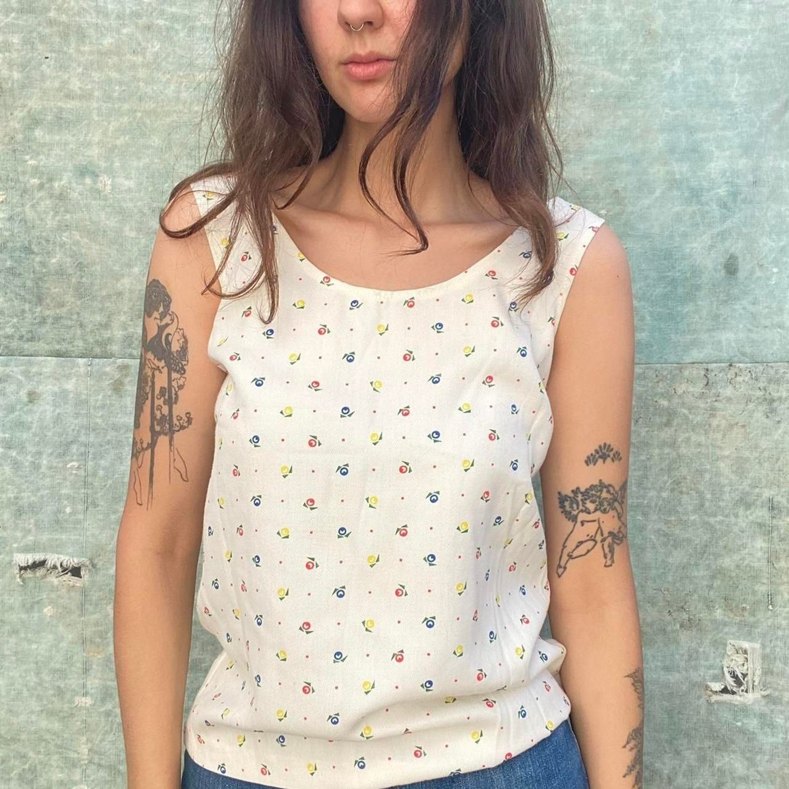 1970s cotton polyester blend floral white tank top