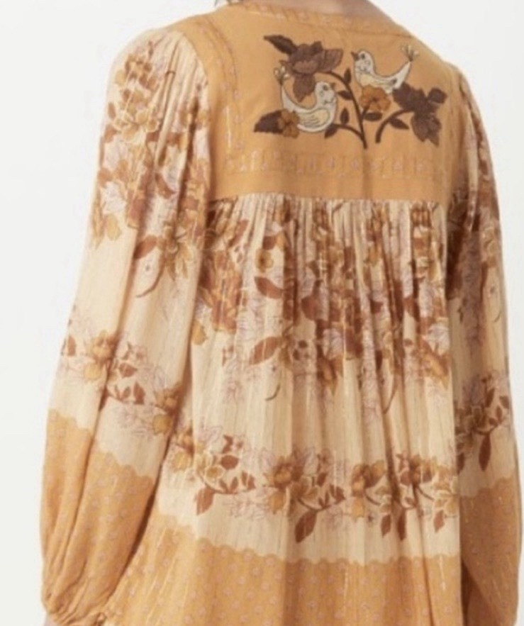 ✨Spell Coco Lei Blouse Top Size M Brown Ivory Floral Metallic Thread Boho