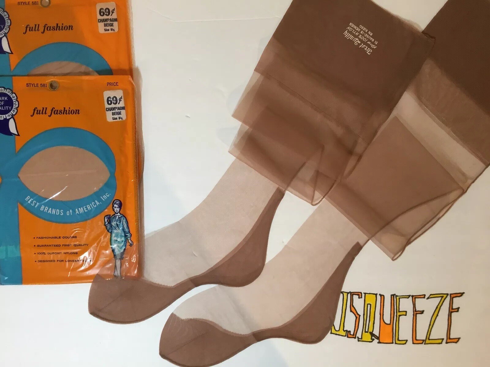 3 PAIRS 8 1/2 X 29” SEAMED F/F FLAT KNIT VINTAGE 15DEN NYLON STOCKINGS CHAMPAGNE