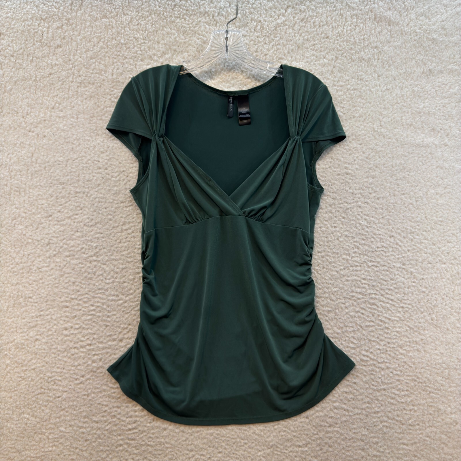 Y2K Vintage Bisou Bisou Top Large Green Slinky Stretch Cap Sleeve Milkmaid