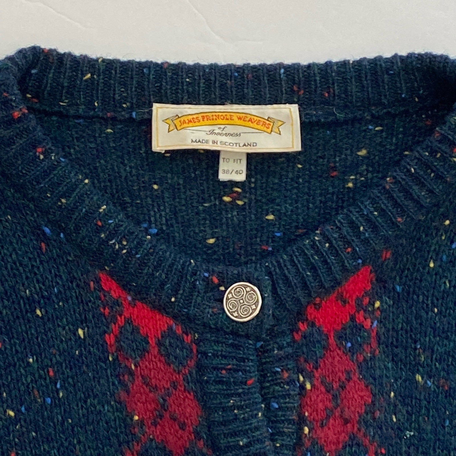 James Pringle Blue Red Argyle 7 Button Wool Cardigan 38/40 UK Celtic Knot 10/12
