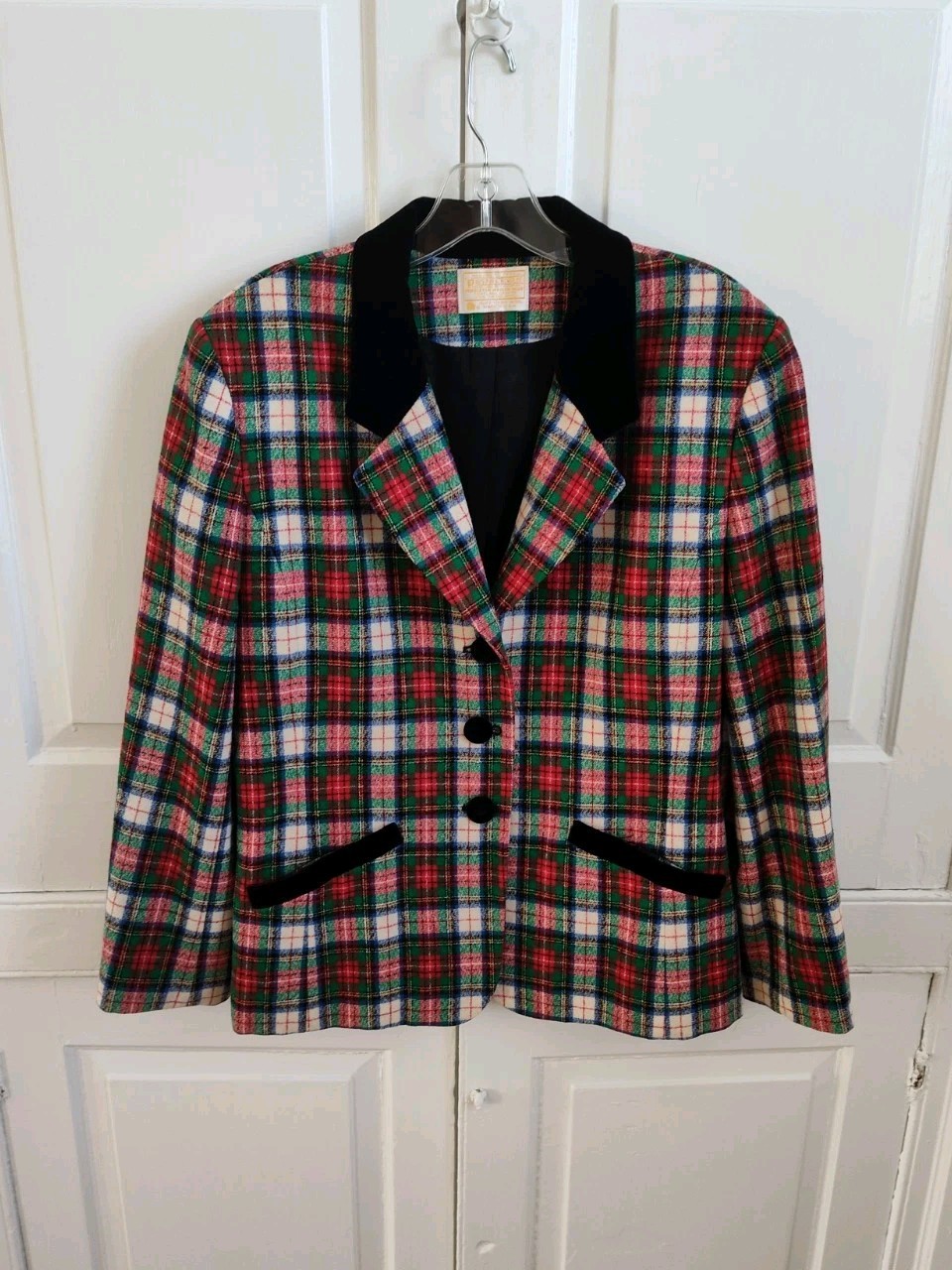 Pendleton Women’s Plaid Wool Blazer Jacket Sz 14 ? Velvet Collar Holiday Vtg USA
