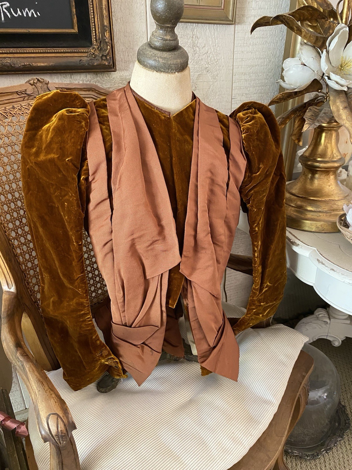 Antique Edwardian Copper / Brown Silk & Velvet Bodice w/Puff Sleeves