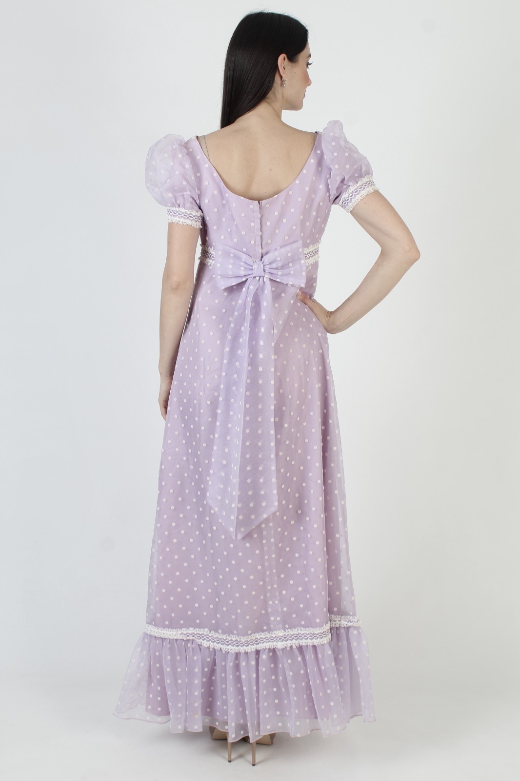 Vtg Violet High Waist Dress Wht Polka Dot Victorian Prairie Evening Prom Gown