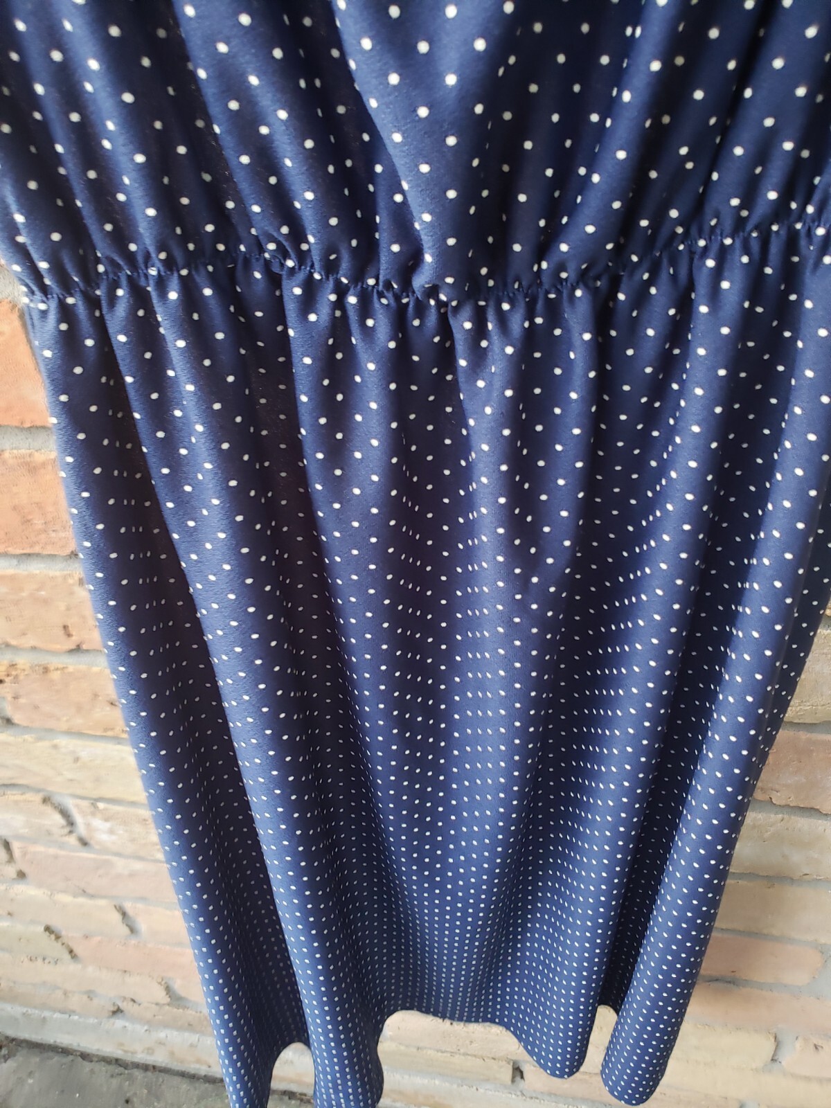 VTG 70s Blue Polka Dot Off Shoulder Ruffle Sundress Sz M? 40&Prime;-46&Prime;B 24&Prime;-44&Prime;W