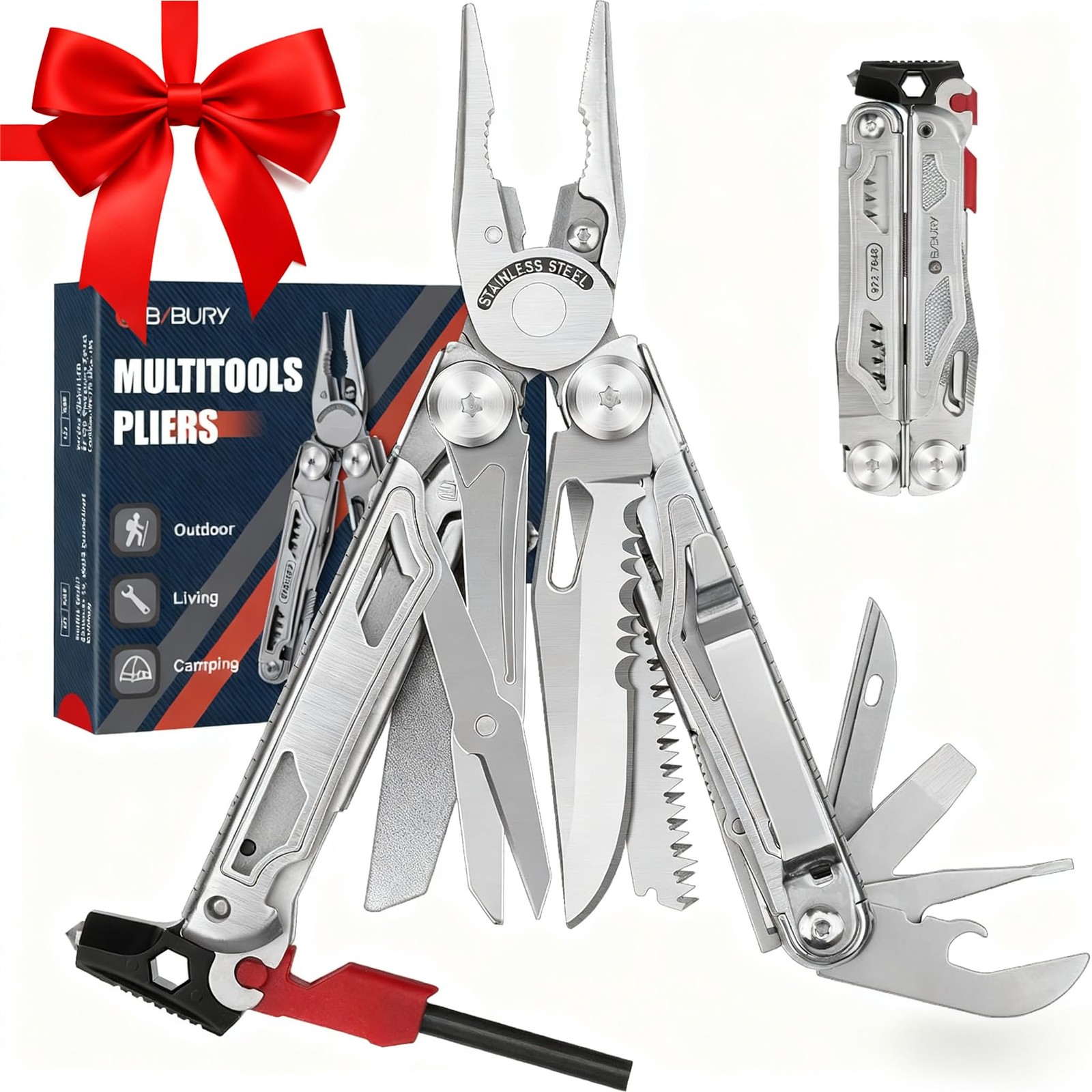 BIBURY 22-in-1 Multitool Pliers Flint Window Breaker Scissors Survival Tool