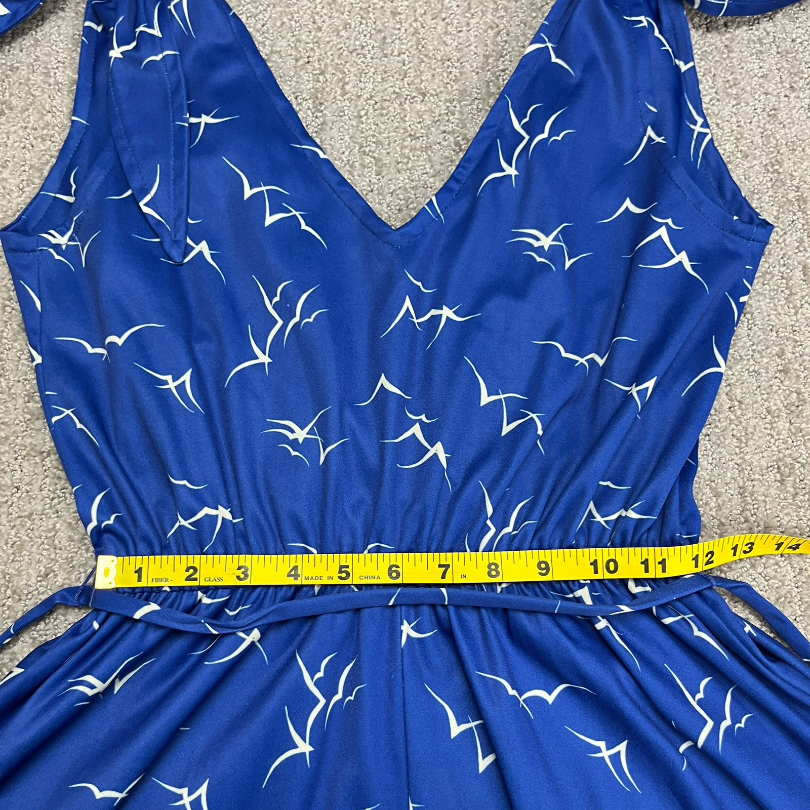 Vintage 70s Dress Womens Small Blue Seaside Seagulls All Over Print Tie Shoulder