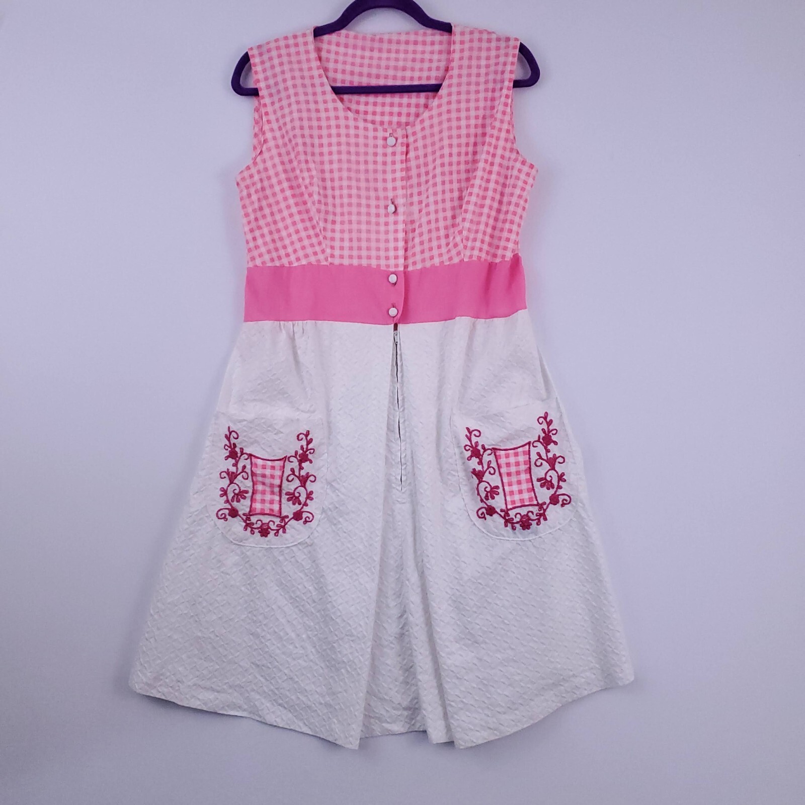 Vtg BarbieCore Pink White Gingham Cottage 60&rsquo;s Mini Tank Dress Embroidered S/M