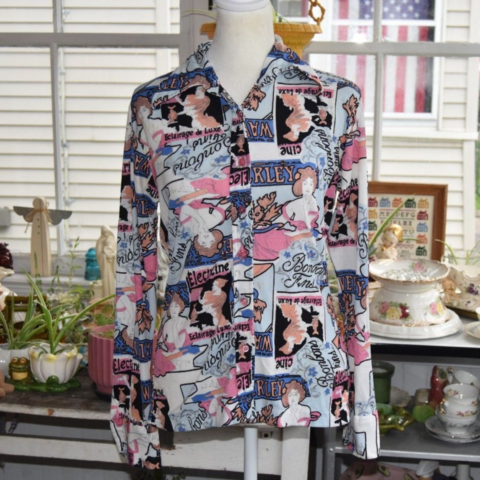 Vintage 70s Diva Int Novelty Print Blouse Art Nouveau French Graphic M