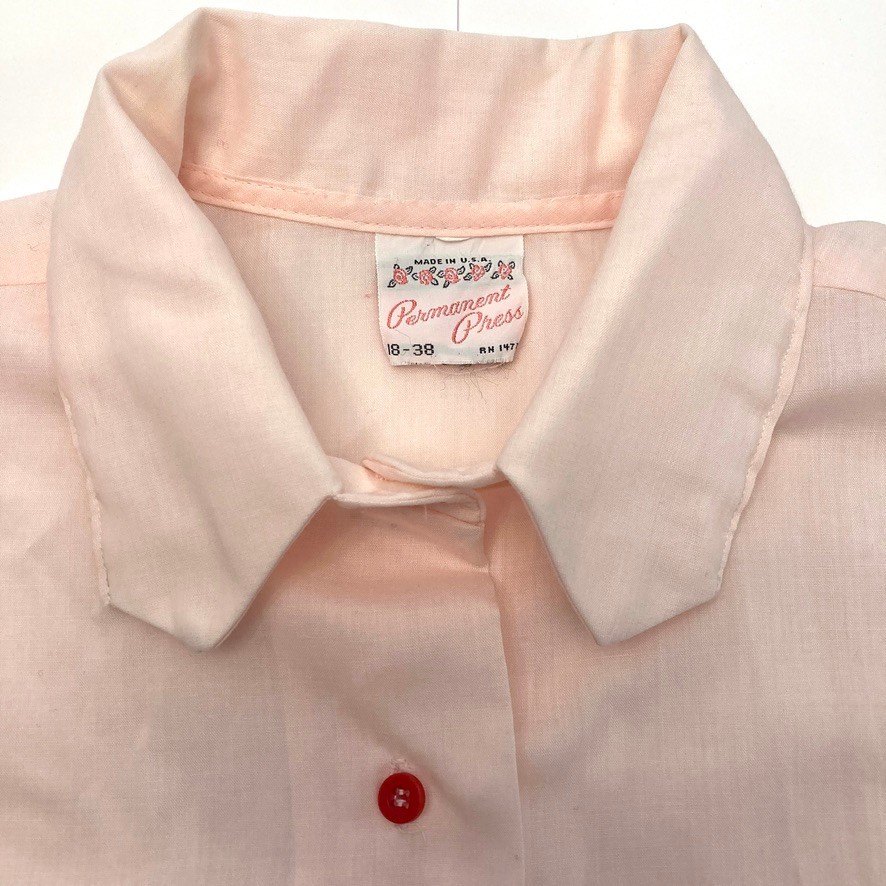 Vtg Pink Blouse Button Up Permanent Press Red Buttons Womens M 38-40 Long Sleeve