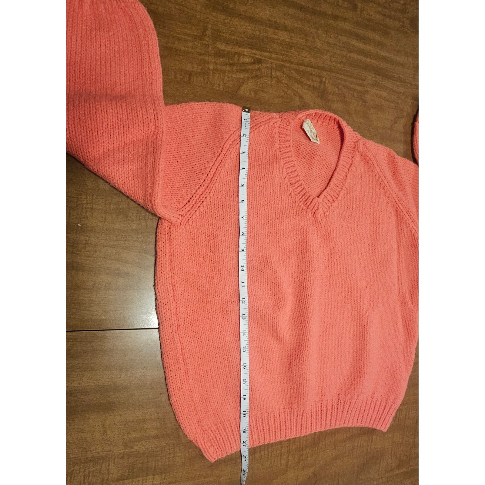 Vintage Homemade 80s Peach Orange Shaker Knit Sweater V-Neck M L K