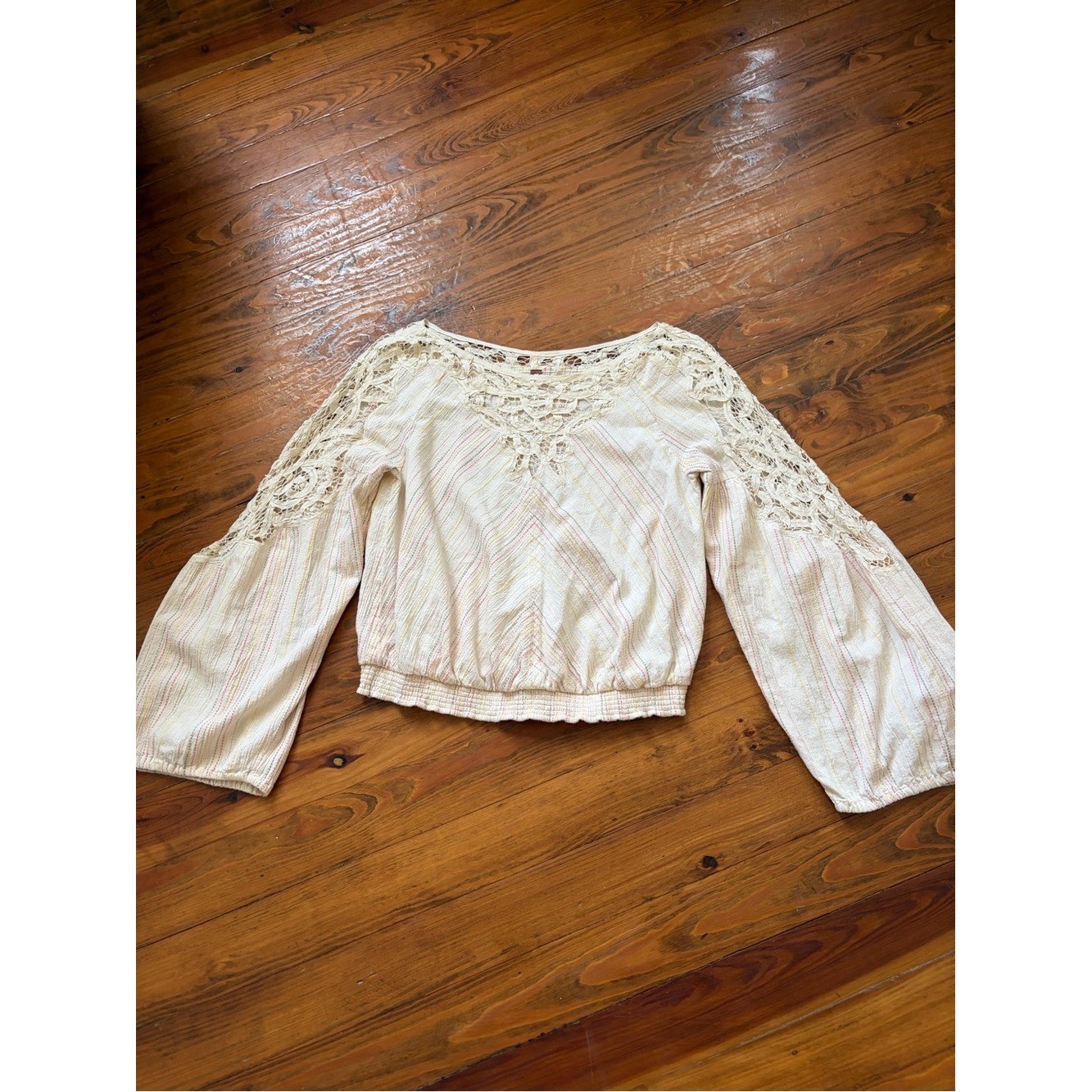 Free People Floating Memories Blouse Retro Crochet Lace Ivory size L Boho