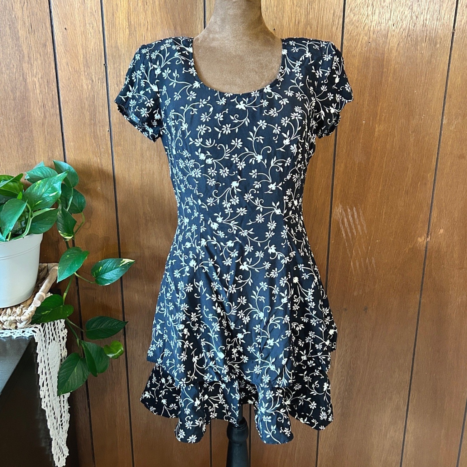 Vintage Rampage R-Wear Black Floral Mini Dress 90s Grunge Tiered Cottagecore