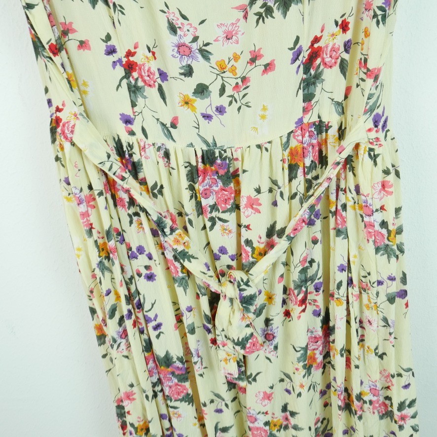 Vintage 90s Maxi Dress Butter Yellow Dainty Floral Cottagecore Tie Waist Medium