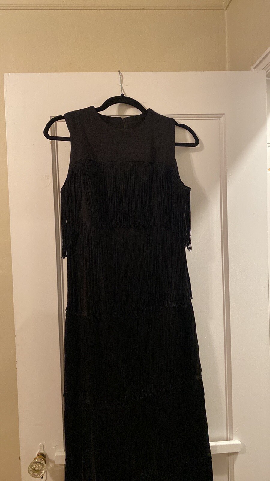 Rare- 1960s Alfred Werber Black Fully Fringed Crepe Full Length Vintage Dress