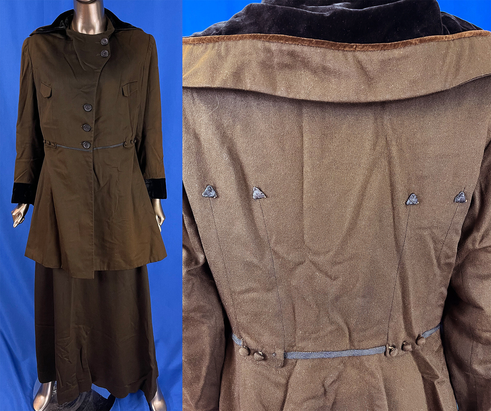 Edwardian Titanic Era Brown Wool Velvet Trim Winter Walking Suit Jacket & Skirt