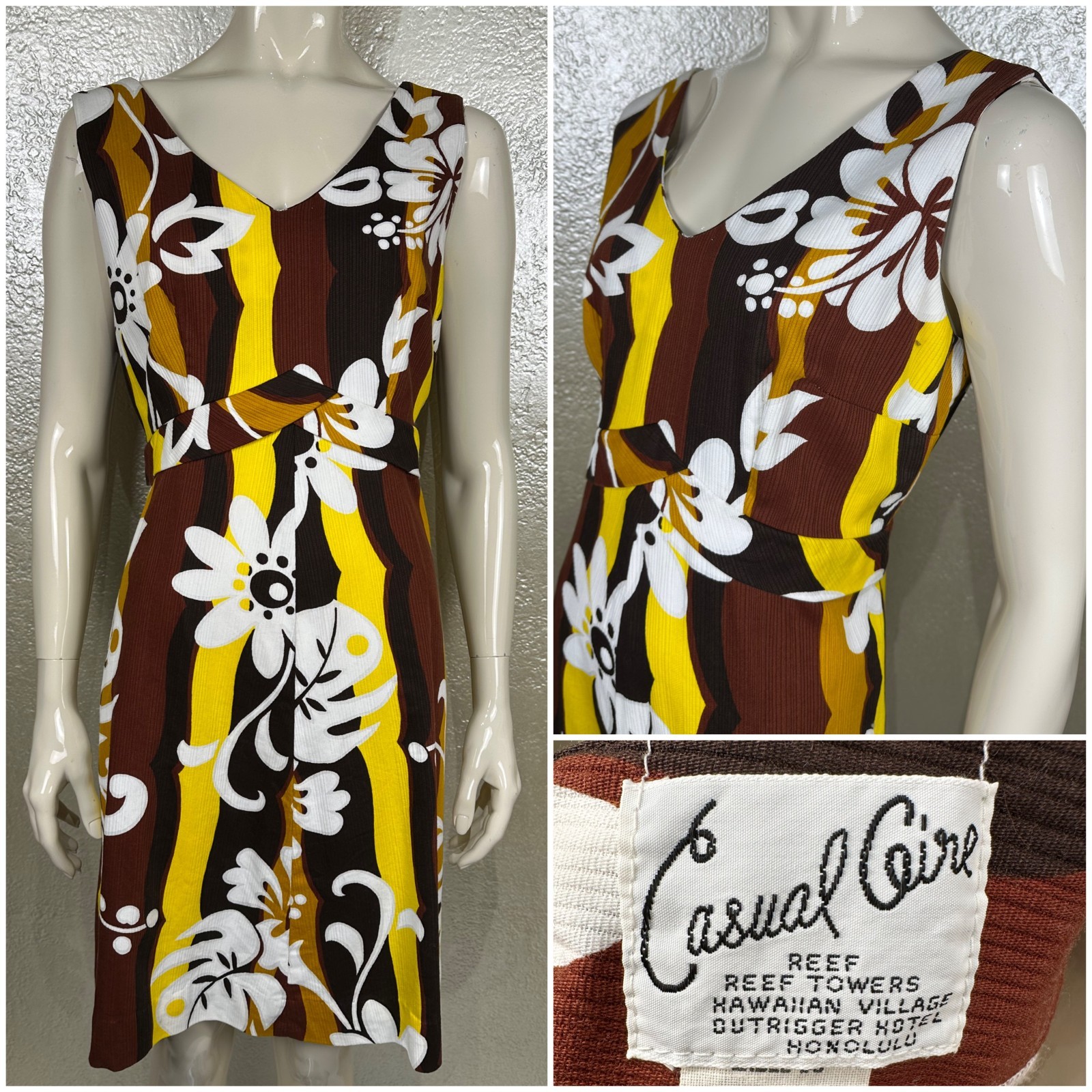 Vintage Ladies 1960&rsquo;s CASUAL AIRE Reef Honolulu Brown Yellow Hawaiian Dress M/L