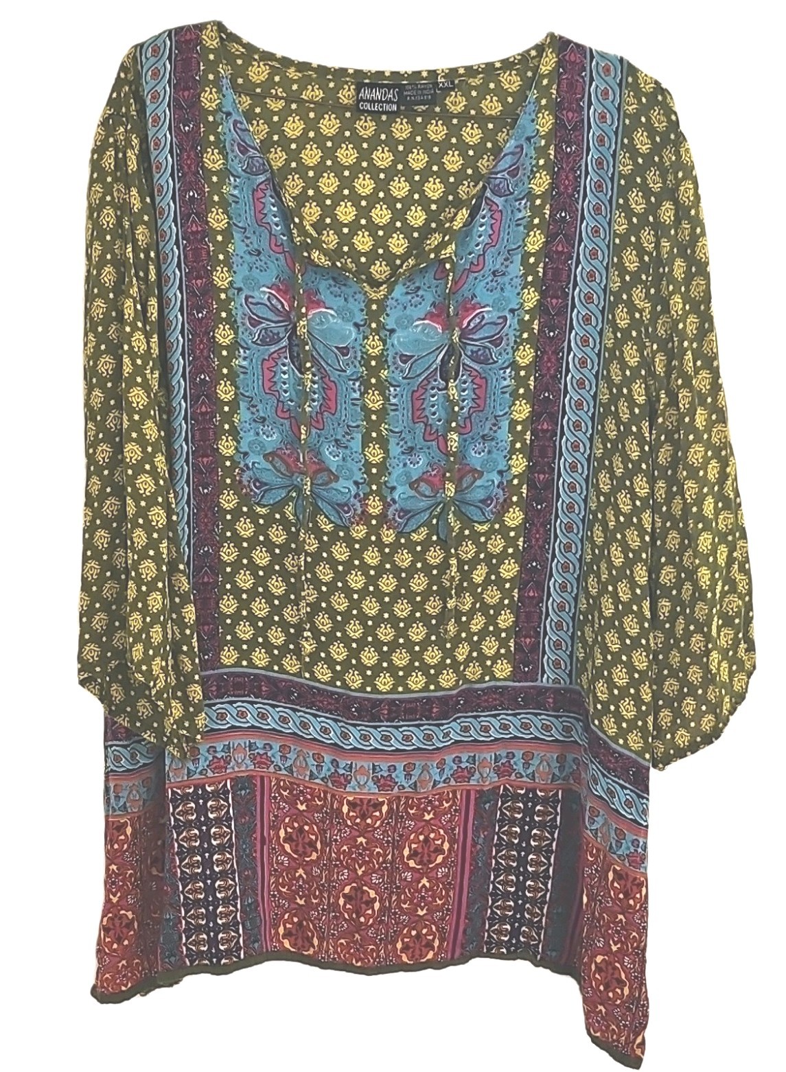Anandas Collection Women&rsquo;s Multicolor 3/4 Sleeve Boho Tunic Blouse XXL