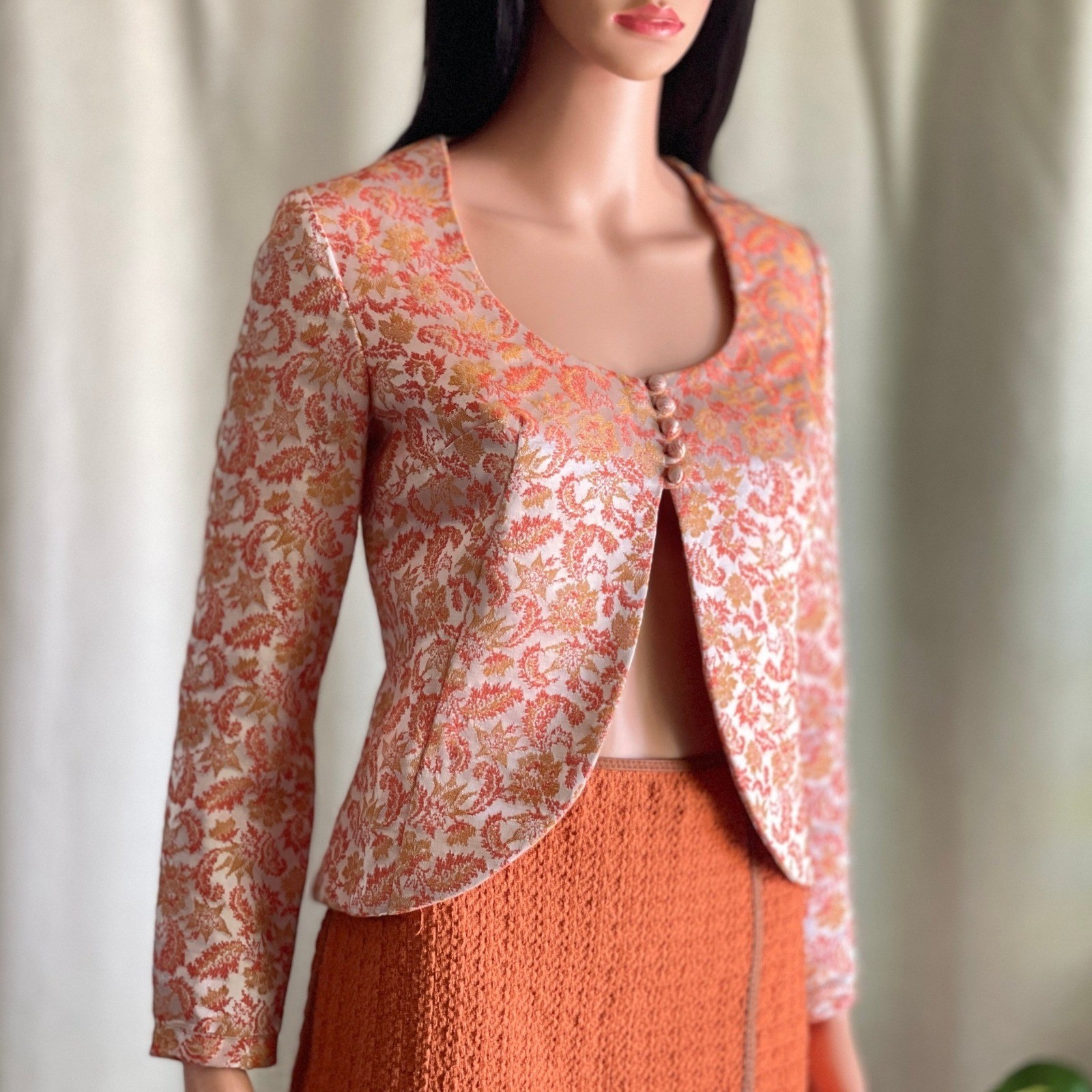 Vtg 60s Pixie of California Orange Gold Metallic Floral Brocade Blazer Jacket S
