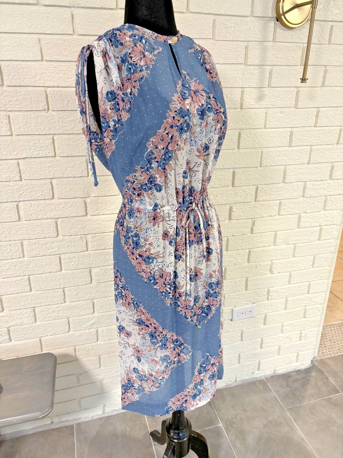 Vintage SHEER Dress Floral sleeveless drawstring pink blue *needs repair READ*