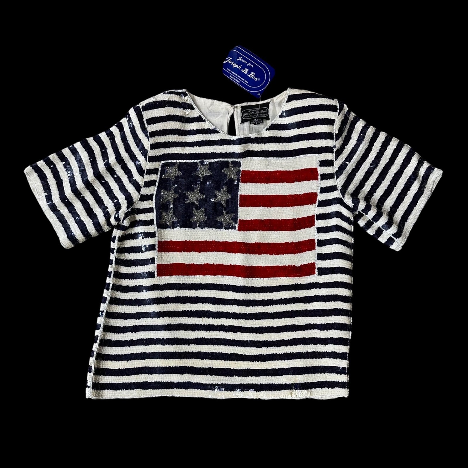 Vintage Sequin American Flag Shirt Blouse Size L Silk 1980s Patriotic July 4th