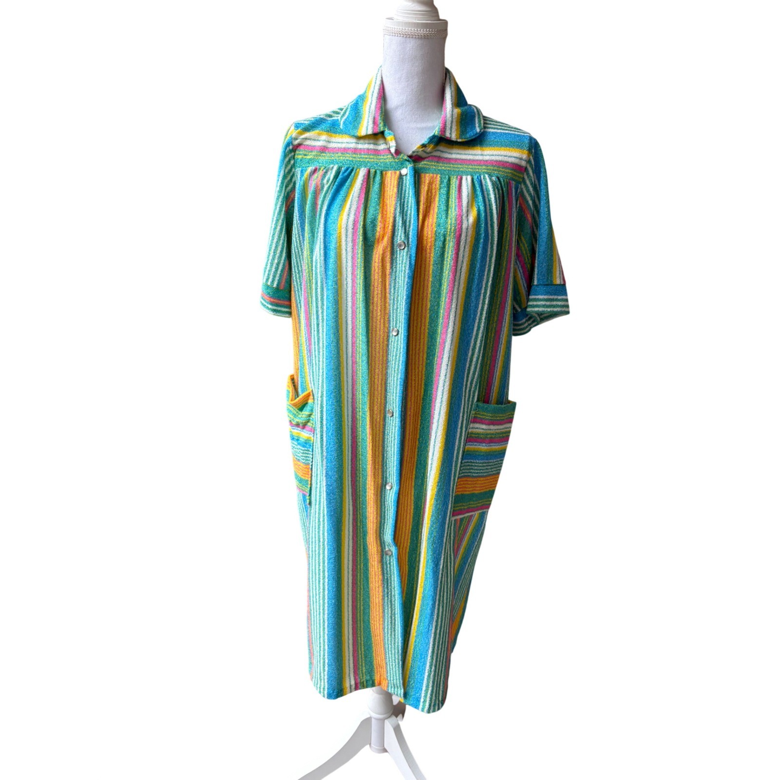 Vintage 70s Striped Terry Cloth House Coat Robe Snap Front Duster Medium