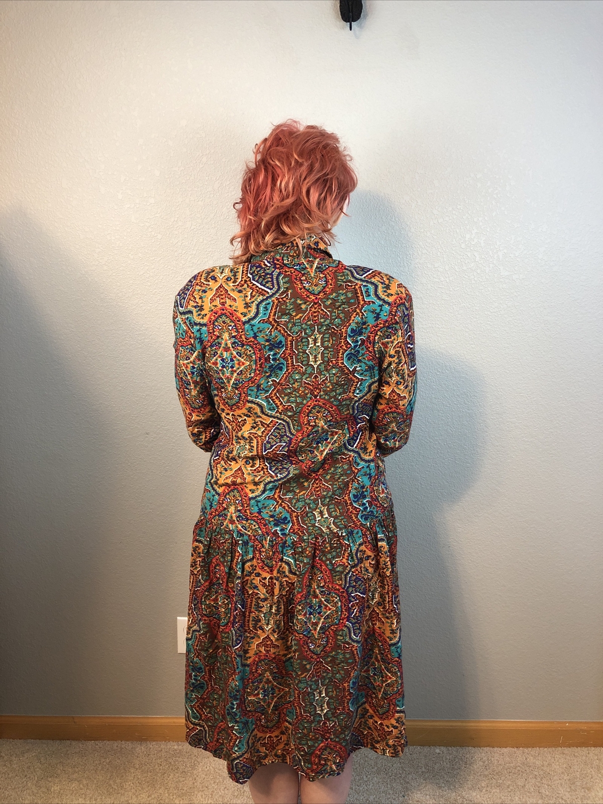 Vintage Forenza Paisley Dress Size M in Brown/Copper/Turquoise w/Shoulder pads