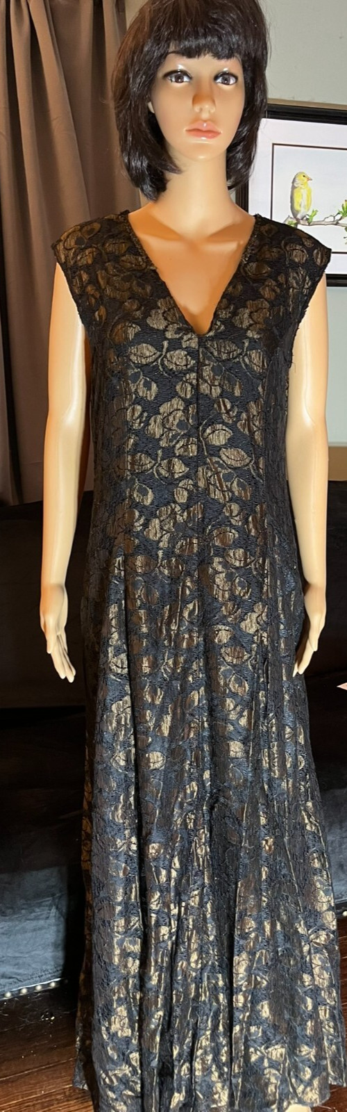 Antique Black and Gold Lace on Black Floor Length Dress