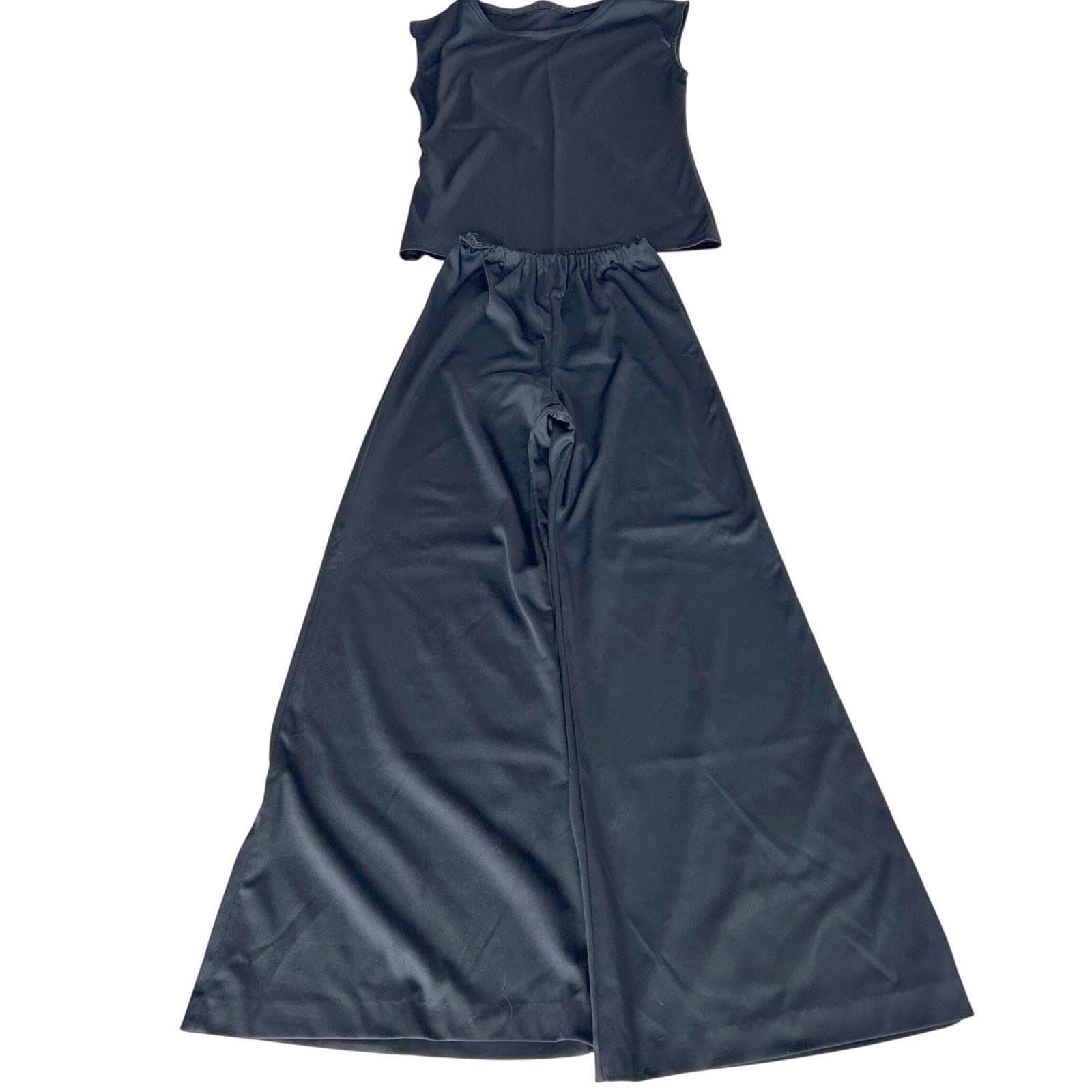 Womens Retro 70s Wide Leg Pant Set Black Sleeveless Co-ord Minimalist Handmade