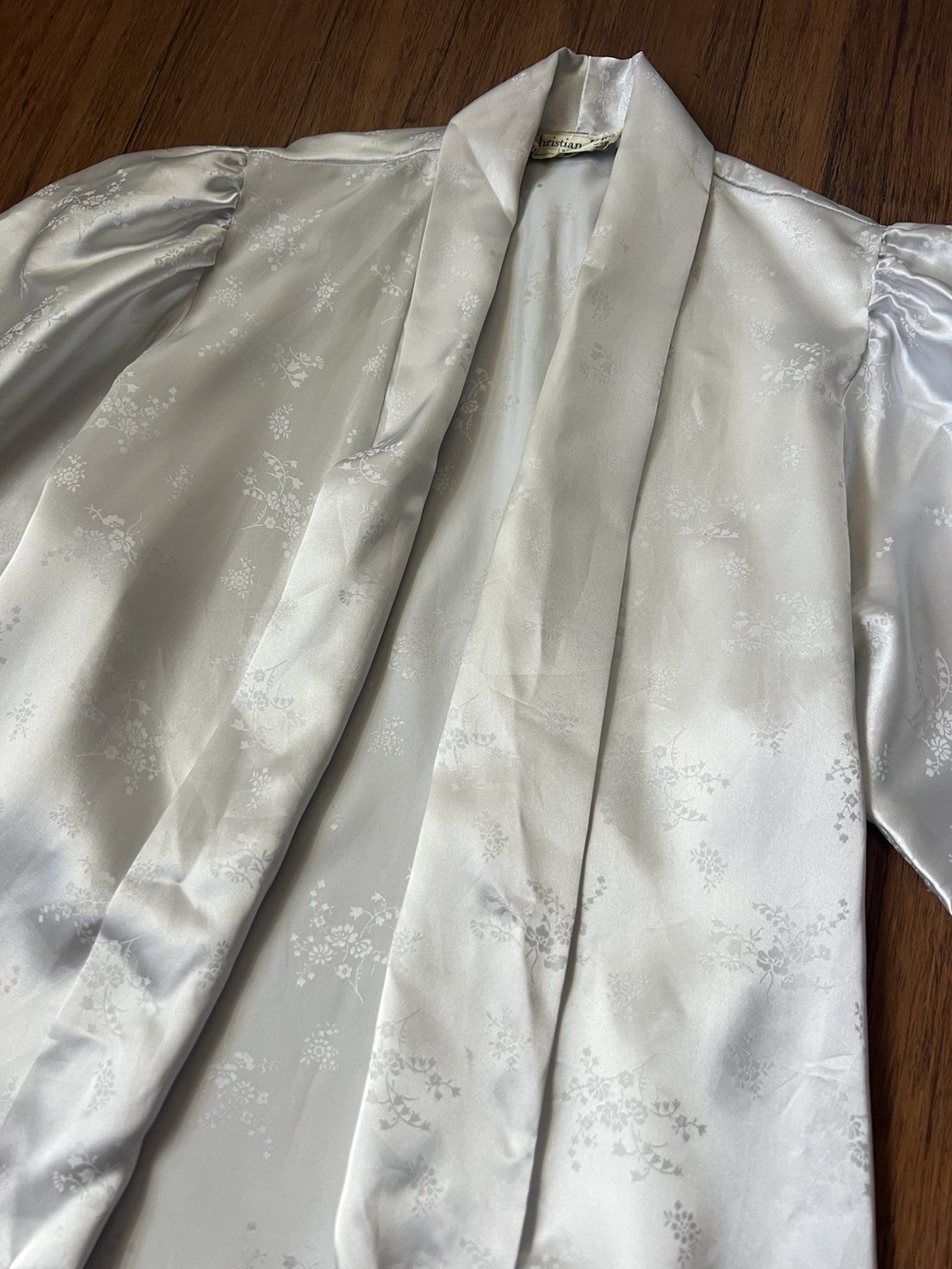 Vintage Christian Dior Robe Silver Floral Satin Lace 3/4 Sleeve Loungewear READ