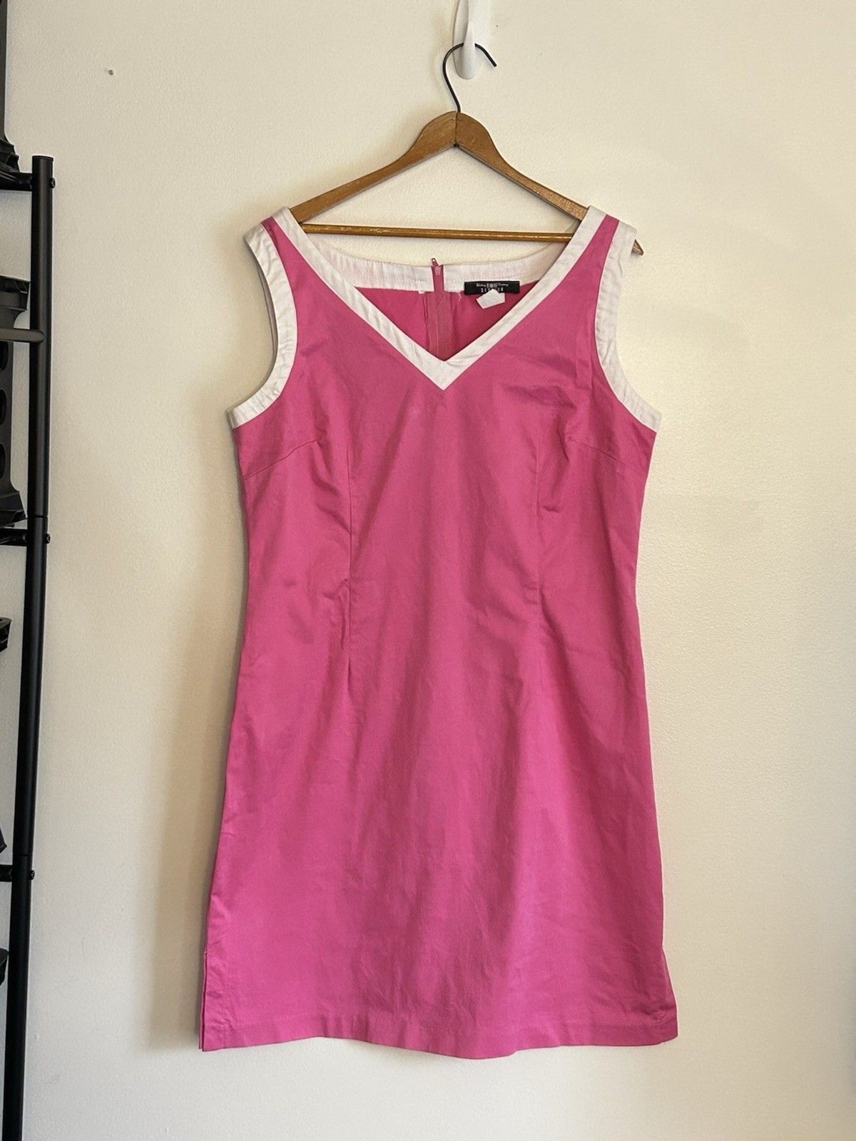 Vintage 90s Pink With White Trim B Moss Dress Size 14 V Neck