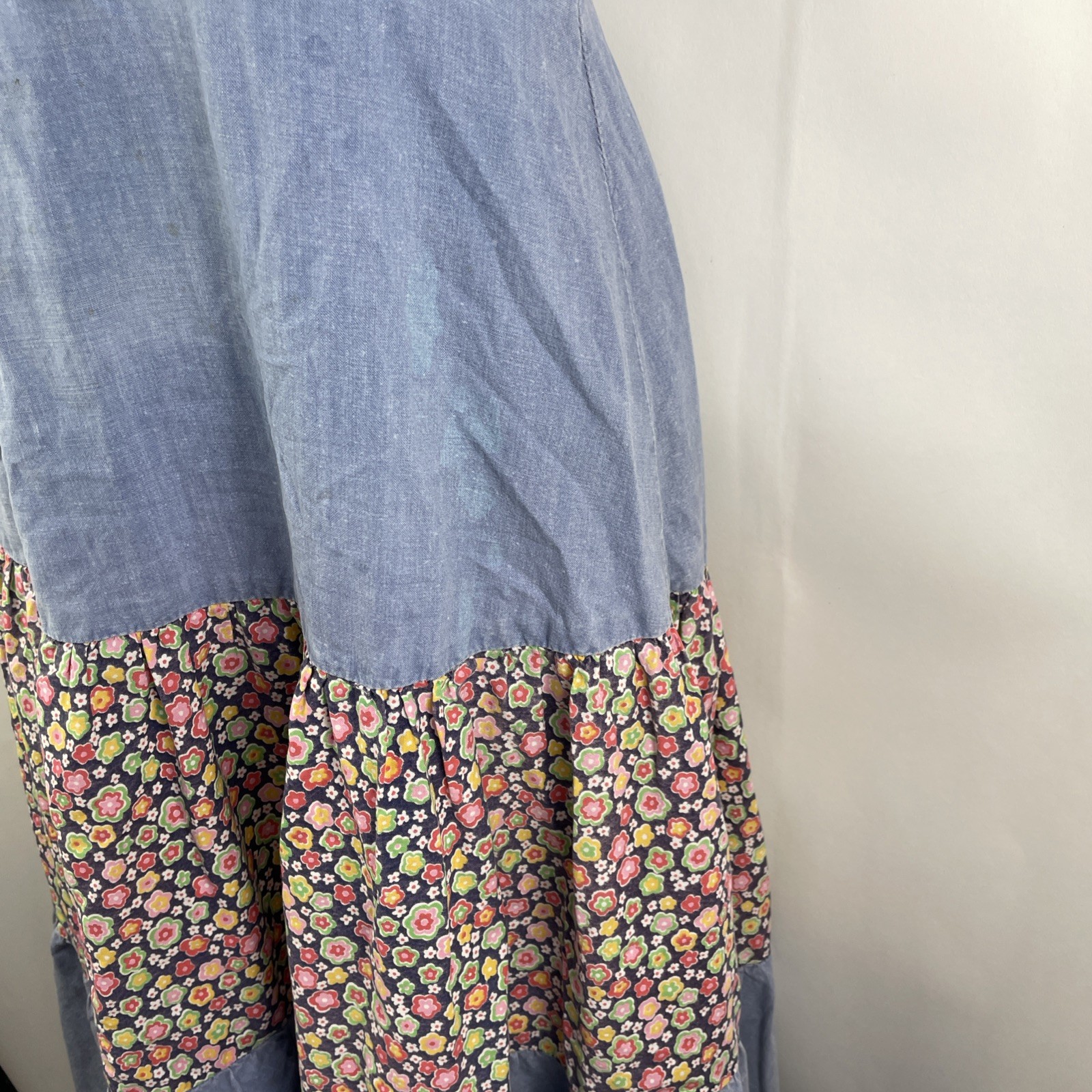 Vtg Prairie Cottagecore Chambray Calico Dress Size XS Cotton