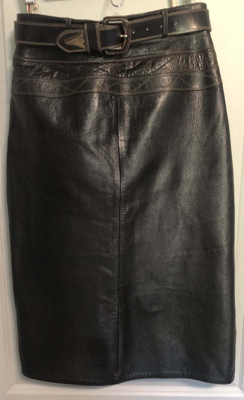 Vintage NORMA Black Leather Skirt EU 38 Belted High Waist Made in Germany.