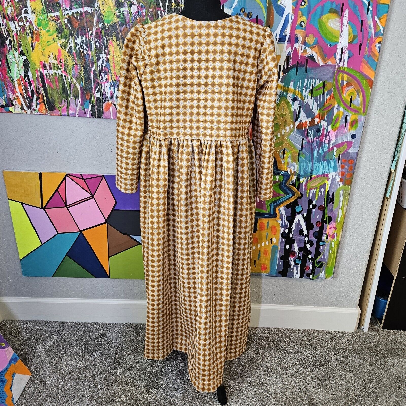 Handmade 70s Dress Polyester Yellow Brown Size L EUC