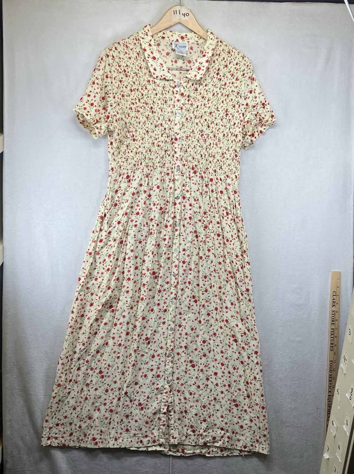 Vintages 90s Cream Floral Cottagecore Midi Dress Button Front Sz 14 All Rayon