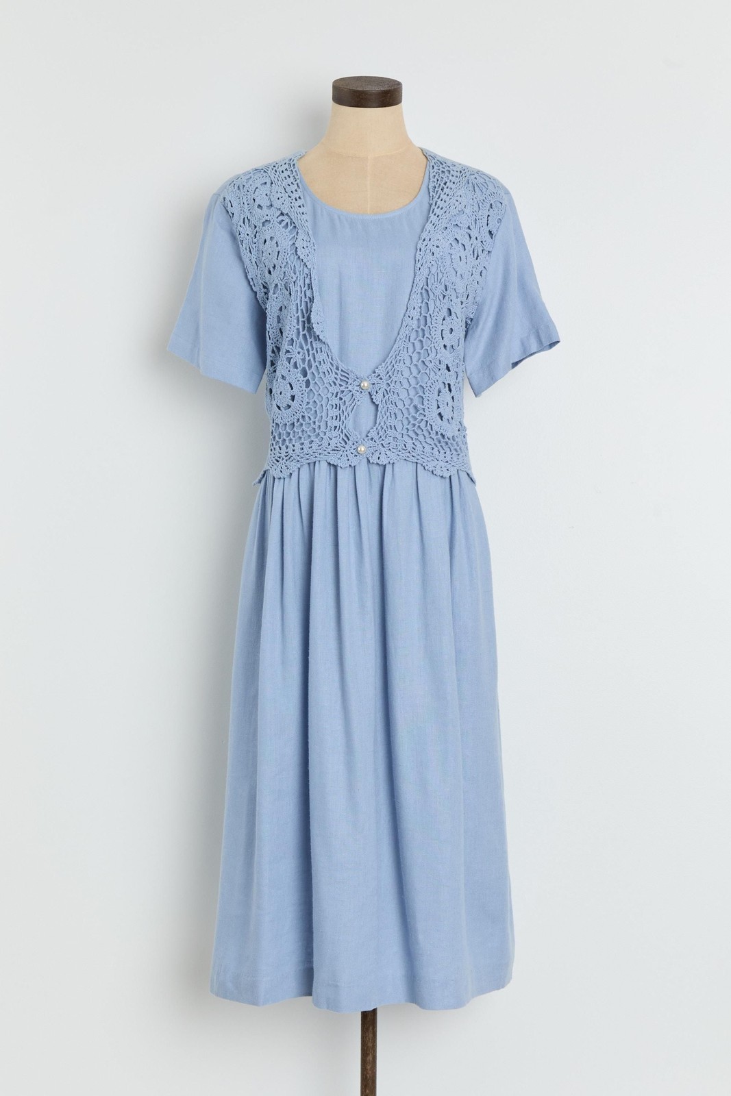 90s Light Blue Crochet Layered Tie Back Dress L